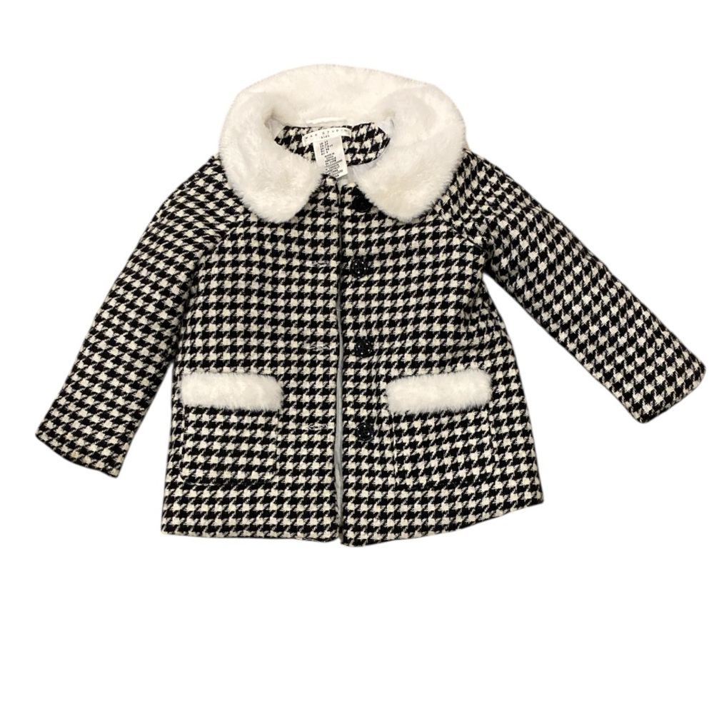 Kids 2T Black White Houndstooth Peacoat Faux Fur Collar & Trim Winter Coat